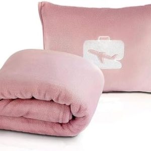 Travel Blanket and Pillow, Ultra Soft 2 in 1 Airplane Blanket with Compact Pillowcase, Luggage Strap, Lightweight Travel Essentials, Ideal for Long Flights, Camping, Sunset (Light Pink)