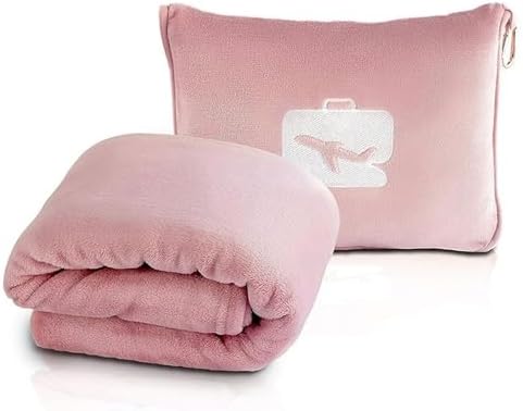 Travel Blanket and Pillow, Ultra Soft 2 in 1 Airplane Blanket with Compact Pillowcase, Luggage Strap, Lightweight Travel Essentials, Ideal for Long Flights, Camping, Sunset (Light Pink)