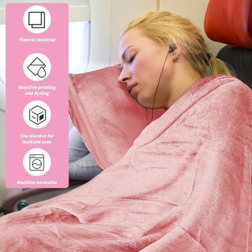 Travel Blanket and Pillow, Ultra Soft 2 in 1 Airplane Blanket with Compact Pillowcase, Luggage Strap, Lightweight Travel Essentials, Ideal for Long Flights, Camping, Sunset (Light Pink) - Image 3