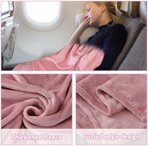Travel Blanket and Pillow, Ultra Soft 2 in 1 Airplane Blanket with Compact Pillowcase, Luggage Strap, Lightweight Travel Essentials, Ideal for Long Flights, Camping, Sunset (Light Pink) - Image 5