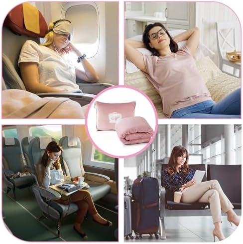 Travel Blanket and Pillow, Ultra Soft 2 in 1 Airplane Blanket with Compact Pillowcase, Luggage Strap, Lightweight Travel Essentials, Ideal for Long Flights, Camping, Sunset (Light Pink) - Image 6