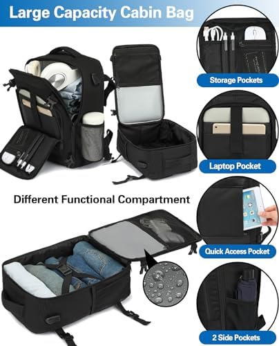 Cabin Bag 55x40x20cm Travel Backpack Hand Luggage Carry-ons Bag 44L Laptop Backpack Ruscksack for Airplanes Flight Cabin Bags Fit 17.3 Inch Laptop Black - Image 4