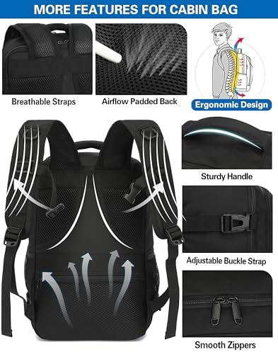 Cabin Bags 40x20x25 for Ryanair Underseat Travel Backpack Ruscksack Carry-ons Hand Luggage Bag Cabin Size 20L for Flight with Laptop Compartment Fit 14 Inch Laptop Black - Image 5