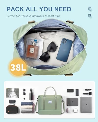 BAGAIL Travel Duffel Bag with Extra Bottom Storage, Wet and Dry Separation, Ideal Weekender Bags, Gym Carry On Tote Bag and Hospital Mom Bag - Olive Green - Image 2