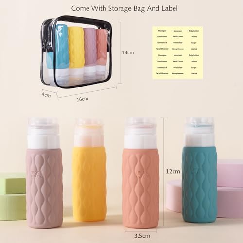 4 Pack Travel Bottles for Toiletries 100ML Silicone Travel Squeeze Bottles Set with Clear Zipper Toiletry Bag Leakproof Refillable Squeeze Travel Containers - Image 2
