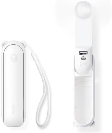 JISULIFE Handheld Fan, 3 IN 1 Mini Hand Fan, Portable USB Rechargeable Small Pocket Fan, Battery Operated Fan [12-19 Working Hours] with Power Bank, Flashlight Feature for Women,Travel-White