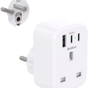 UK to European Plug Adapter with 3 USB Ports(2 USB C), EU Schuko Travel Adaptor for Germany France Spain Turkey Russia Iceland Greece Poland Portugal Austria Netherlands(Type E/F)