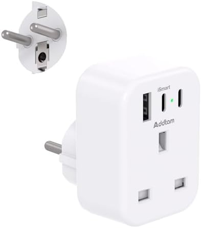 UK to European Plug Adapter with 3 USB Ports(2 USB C), EU Schuko Travel Adaptor for Germany France Spain Turkey Russia Iceland Greece Poland Portugal Austria Netherlands(Type E/F)