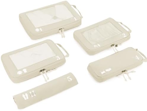 ECOHUB 5 Set Compression Packing Cubes for Suitcases Organiser Bags Travel Accessories with Shoes Bag Tear-resistant Travel Cubes with ID Tag Expandable Packing Bags(Beige)