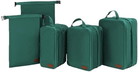 Double Compression Packing Cubes for Suitcases - 5 Waterproof Suitcase Organiser Bags - Perfect Dividers for Packing Bags for Travel - Large Travel Packing Cubes for Backpack (Green)