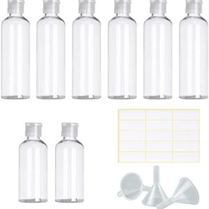 6 Pcs 100ml Travel Bottles, and 2 Pcs 50ml Travel Empty Bottles, with 3 Pcs Funnels and 15 Pcs Self-adhesive Labels, Sub-bottling of Cosmetics and Liquids,Used for Vacation and Travel