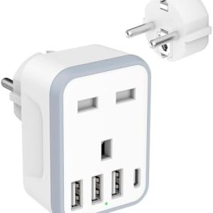 European Travel Adapter - 5 in 1 UK to EU Adapter with 4 USB Ports, UK to Turkey Travel Plug, Grounded Schuko Plug for Germany, France, Spain, Portugal, Poland, Austria (Type E/F)