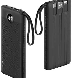 VRURC 10000mAh Power Bank With Built in Cables,USB C Battery Pack Portable Charger with 5 Outputs 2 Inputs Powerbank LED Display compatible with iPhone 14 13 12 Samsung S21 S20 Xiaomi