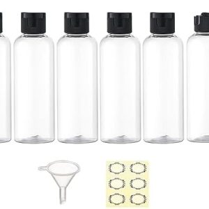 6PCS 100ML Plastic Travel Bottles with Flip Cap Empty Squeeze Bottles Transparent Refillable Travel Container with 1 Funnel & 6 Label TSA Approved for Liquid Lotion Toiletries Cosmetic