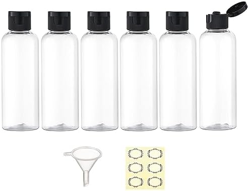 6PCS 100ML Plastic Travel Bottles with Flip Cap Empty Squeeze Bottles Transparent Refillable Travel Container with 1 Funnel & 6 Label TSA Approved for Liquid Lotion Toiletries Cosmetic