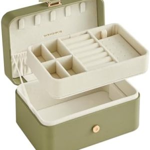 SONGMICS Jewellery Box, 2-Layer Jewellery Storage, 11 x 16 x 8 cm Travel Jewellery Box, Portable Jewellery Case, Small, Spacious, for Larger Accessories, Gift Idea, Laurel Green JBC166C02