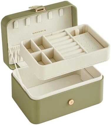 SONGMICS Jewellery Box, 2-Layer Jewellery Storage, 11 x 16 x 8 cm Travel Jewellery Box, Portable Jewellery Case, Small, Spacious, for Larger Accessories, Gift Idea, Laurel Green JBC166C02