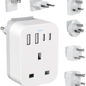 UK to Worldwide Travel Adapter Set, Travel Adaptor Kit with 4 USB Ports (2 USB C), International Plug Adapter with 6 Removable Plug