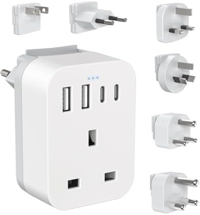 UK to Worldwide Travel Adapter Set, Travel Adaptor Kit with 4 USB Ports (2 USB C), International Plug Adapter with 6 Removable Plug