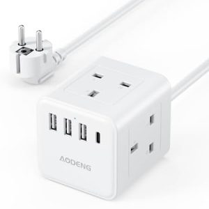 UK to European Plug Adapter with 1.5M Extension Cable, Aodeng 4 Way Travel Extension Lead with 4 USB Compact Cube Type E/F Travel Adapter for Germany France Spain Poland Greece Netherlands etc.
