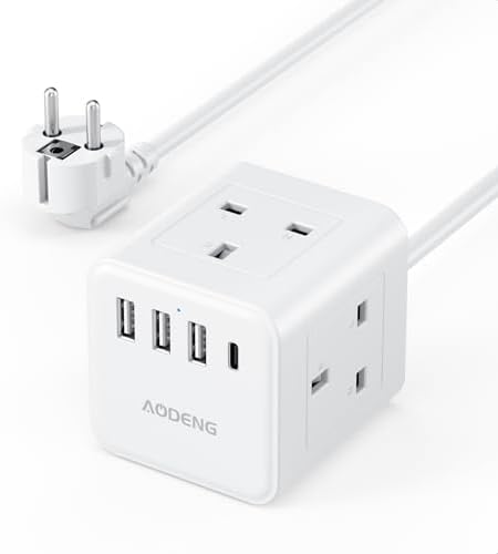 UK to European Plug Adapter with 1.5M Extension Cable, Aodeng 4 Way Travel Extension Lead with 4 USB Compact Cube Type E/F Travel Adapter for Germany France Spain Poland Greece Netherlands etc.