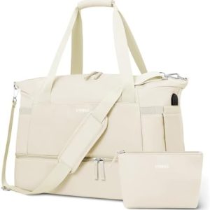 ETRONIK Gym Bag Womens, Sports Travel Duffel Bag with USB Charging Port, Weekend Overnight Bag for Women with Wet Pocket and Shoes Compartment, Hospital Bag, Beige