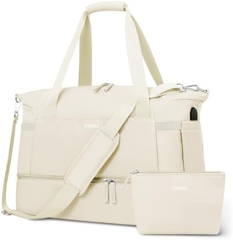 ETRONIK Gym Bag Womens, Sports Travel Duffel Bag with USB Charging Port, Weekend Overnight Bag for Women with Wet Pocket and Shoes Compartment, Hospital Bag, Beige