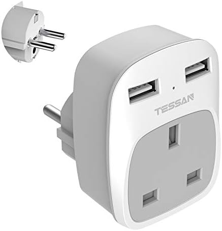 UK to European EU Travel Adapter with 2 USB Ports - TESSAN Power Euro Europe Grounded Plug Adapter for Germany France Iceland Poland Spain Russia and More (Type E F) Not Include Italy