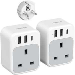 TESSAN UK to European Plug Adapter 2 Pack, USB C Travel Adapter UK to Europe with 3 USB, 4 in 1 Type E F EU Plug for Euro Spain France Turkey Germany Egypt Norway Iceland Greece Portugal Poland
