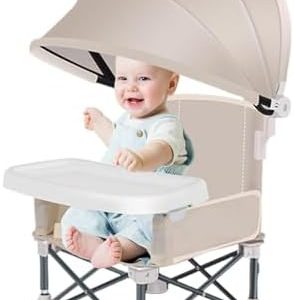 Baby Folding Dining Chair with Canopy and Removable Tray, Portable Baby Travel Seat Booster Toddler Dining Seat for Indoor Outdoor Camping Beach Lawn