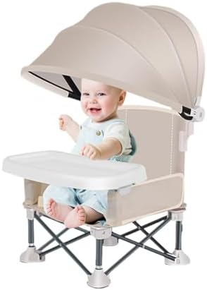 Baby Folding Dining Chair with Canopy and Removable Tray, Portable Baby Travel Seat Booster Toddler Dining Seat for Indoor Outdoor Camping Beach Lawn