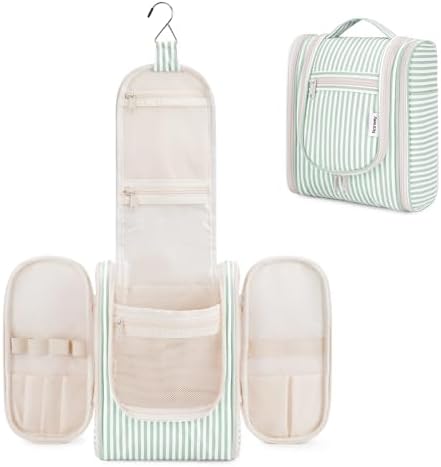 Narwey Travel Hanging Toiletry Wash Bag Makeup Cosmetic Organizer for Women (Mint Green Stripe (Small)) - Image 2