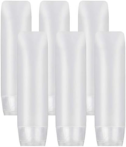 6Pcs 50ml Clear Plastic Empty Travel Bottles with Flip Cap, Transparent Refillable Cosmetic Containers Squeezable Tubes includes 12 stickers for Shampoo, Conditioner, Lotion, Toiletries