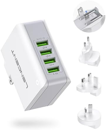 Lencent USB Charger Plug, 4-Port USB Universal Travel Adaptor Plug, 22W/5V 4.4A Wall Charger Worldwide Travel Charger Adapter for iPhone, iPad, Android, Tablets and More