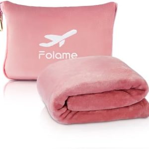 Soft Travel Blanket and Pillow - 2 in 1 Airplane Blanket Compact with Soft Bag Pillowcase, Luggage Belt and Backpack Clip, Portable Long Flight Essentials for Travel/Pink
