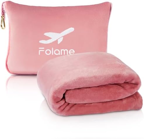 Soft Travel Blanket and Pillow - 2 in 1 Airplane Blanket Compact with Soft Bag Pillowcase, Luggage Belt and Backpack Clip, Portable Long Flight Essentials for Travel/Pink