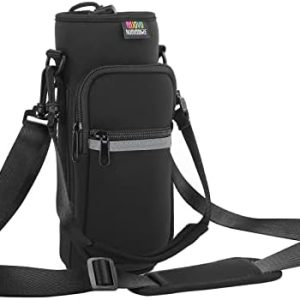 Nuovoware Water Bottle Carrier Bag, 25oz/32oz Pouch Holder, Adjustable Shoulder Strap 2 Pocket Sling Neoprene Sleeve Sports Accessory for Men/Women Hiking Travelling, Black