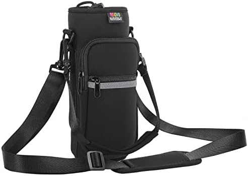 Nuovoware Water Bottle Carrier Bag, 25oz/32oz Pouch Holder, Adjustable Shoulder Strap 2 Pocket Sling Neoprene Sleeve Sports Accessory for Men/Women Hiking Travelling, Black