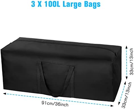 3 Pack 100L Capacity Travel Duffle Bag, Large Holdall Folding Heavy Duty 600D Oxford Fabric Long Storage Luggage Bags with Zips for Moving Camping (Black) - Image 2