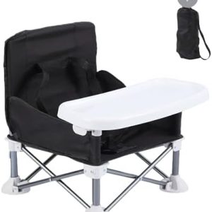 Baby Folding Dining Chair Portable High Multifunctional Child Little Seat Dining Aluminum Alloy Travel Compact Booster Seat with Tray Black