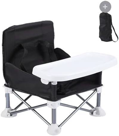 Baby Folding Dining Chair Portable High Multifunctional Child Little Seat Dining Aluminum Alloy Travel Compact Booster Seat with Tray Black