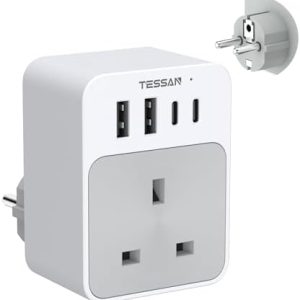 TESSAN UK to European Plug Adapter, 5 in 1 Travel Adapter with 2 USB C and 2 USB A, 3600W European Plug Adaptor, Type E F Travel for Spain France Turkey Germany