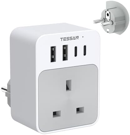 TESSAN UK to European Plug Adapter, 5 in 1 Travel Adapter with 2 USB C and 2 USB A, 3600W European Plug Adaptor, Type E F Travel for Spain France Turkey Germany