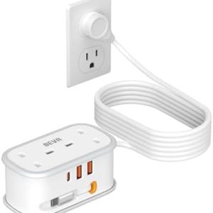 UK to US Plug Adapter with 1.5M Extension Cable, BEVA 2 Way 3 USB (2A+1C) Travel Adapter with Retractable USB C Cable for American, Thailand, Canada, Mexico, Type B