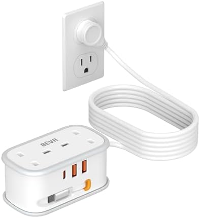 UK to US Plug Adapter with 1.5M Extension Cable, BEVA 2 Way 3 USB (2A+1C) Travel Adapter with Retractable USB C Cable for American, Thailand, Canada, Mexico, Type B