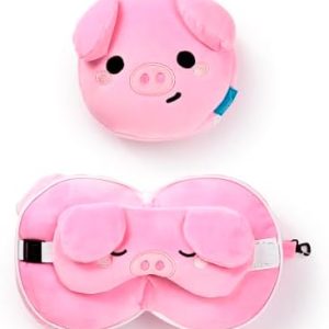 Puckator Relaxeazzz Adoramals Oliver the Pig Plush Travel Pillow & Eye Mask - Sleep Eye Mask Masks - Kids Travel Accessories For Sleeping Airplane - Flight Plane Neck Pillow Pillows
