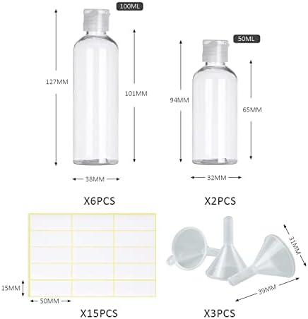 6 Pcs 100ml Travel Bottles, and 2 Pcs 50ml Travel Empty Bottles, with 3 Pcs Funnels and 15 Pcs Self-adhesive Labels, Sub-bottling of Cosmetics and Liquids,Used for Vacation and Travel - Image 2