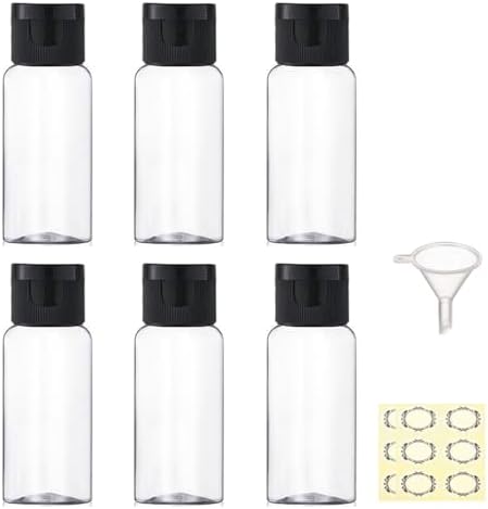 6PCS 50ml Plastic Travel Bottles with Flip Cap Empty Squeeze Bottles Refillable Travel Container with Funnel & Labels Approved for Liquids Lotion Toiletries Cosmetic(Transparent