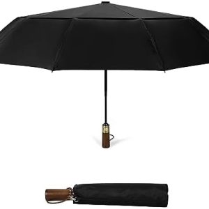 ECOHUB Travel Umbrella Windproof Strong With Compact Foldable, Automatic Open/Close, 10 Sturdy Ribs, Recycled PET Fabric, Wooden Handle & Ventilated Waterproof Canopy - Anti-Lost Sleeve, Black
