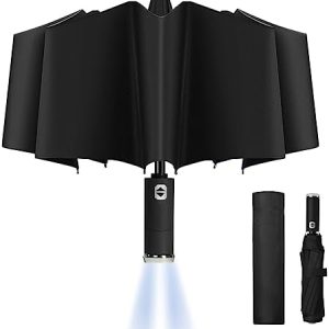 Vicloon Folding Umbrella, Travel Umbrella with LED Light, 10 Ribs Auto Open/Close Golf Umbrella, Compact Windproof Umbrella, Sturdy Reinforced Canopy Automatic Portable Umbrella - Black